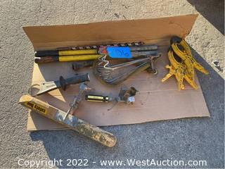 Assorted Tools: Clamps, Drill Bit, Safty Line, And More