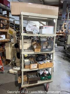 Rolling Shelf With Assorted Electrical, Hardware, Lightbulbs And More