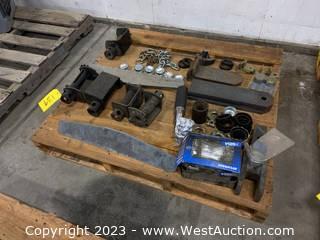 Contents of Pallet: Syvania Halogen Light, Fence Post Caps, Chain, Trailer Hitch, Assorted Steel Plates, Rigging Hooks, and (5) Webbing Winches