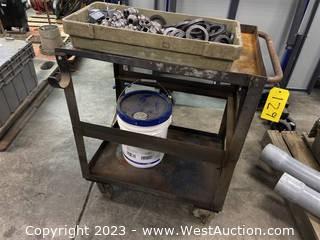 Rolling Metal Shop Cart with Water Soluble Cutting Fluid and Assorted Metal Fittings