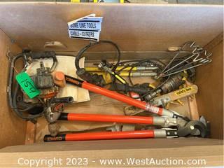 Contents of Box: Assorted Hand Tools, Impact Driver, Gas Drill, Hydraulic Crimper and More