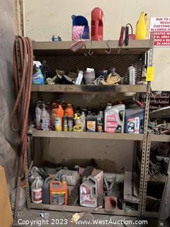 Metal Rack with Contents: Assorted Auto Fluids, Hose and More