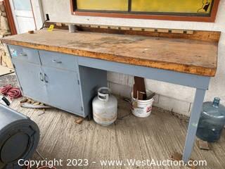 Metal and Wood Shop Table with Power Strip (Contents NOT Included)