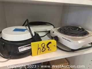 Contents Of Shelf: Fistom 752 Stirrer, and (2) Proctor Silex Hot Plates