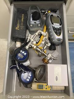Contents Of Drawer: Assorted PH Meters, Refractometers,  Thermometers And More