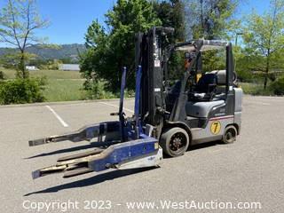 Nissan 55 4800lb Capacity Propane Forklift With Cascade Barrel Attachment and Lift-N-Weigh System