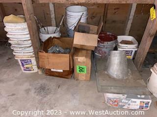 Contents of Bottom Shelf: Low Profile 2” Roofing Clips, (11) Assorted Buckets, Roof Flashing, and More