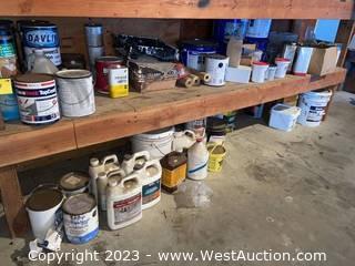 Contents of (2) Shelves: Contact Cement, Deck Waterproofing Coating, Assorted Painting Materials, (5) 3.30 Gallon Wet Patch Buckets, and More