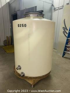 250 Gallon Poly Tank With Lid, Fittings, And Wood Dolly