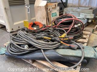 Pallet of Assorted Hydraulic, High Pressure Air Hoses and Extension Cords