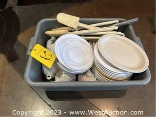 Bin Of Assorted Porcelain Plates, Teapots, And More