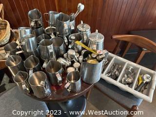 Contents of Table and Chair: Assorted Stainless Steel Kitchenware