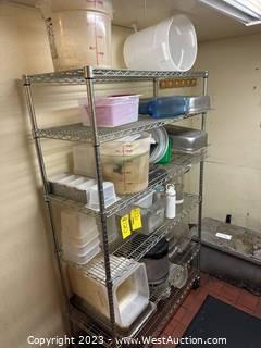 Contents Of Rack: Plastic Tubs, Stainless Pots, Lids, 18 Qt. Tubs, 
