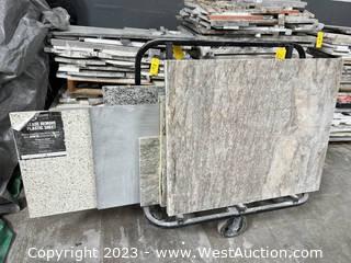 Rolling Material Cart and Contents: (10) Assorted Granite And Quartz Slabs 