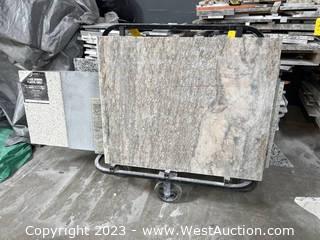 Rolling Material Cart and Contents: (10) Assorted Granite And Quartz Slabs