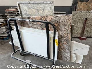 Rolling Material Cart and Contents (8) Assorted Pieces of Granite And Quartz 