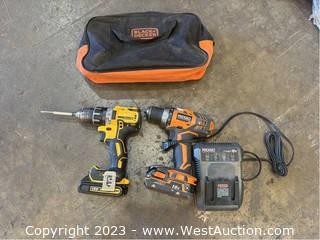 Black And Decker Utility Bag With Ridgid Drill, DeWalt Drill, And Ridgid 18V Battery Charger