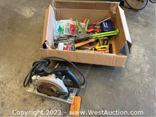 Contents Of Box: Porter Cable 7 1/4” Heavy Duty Circular, Caulking Gun, Construction Adhesive, Pipe Wrench, And More