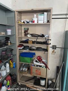 (1) Shelving Unit And Contents: Grinding Wheels, Clamps, Painting Supplies, and More