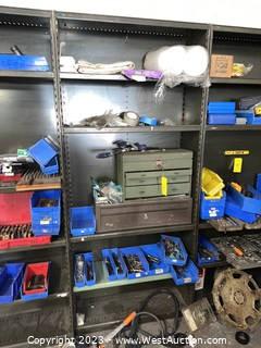 (1) Shelving Unit and Contents: Kennedy Toolboxes, Drill Bits, Grinding Wheels, and More