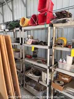 5-Tier Shelving Unit with Contents: Assorted Automotive Accessories, Hand Tools Submersible Pump, and More