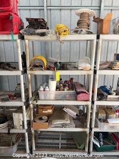 5-Tier Shelving Unit With Contents: Assorted Automotive Accessories, Hand Tools and More
