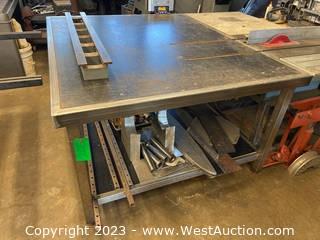 Metal Table With Vise and Contents: Assorted Scrap Steel, Aluminum, Hardware And More 