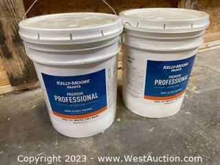 (2) 630floz Buckets of Kelly-Moore Premium Professional Interior Semi-Gloss Enamel - 1050-121 White Tint Base