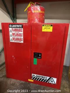 Justrite Sure Grip Ex 40-Gallon Fire Safe Cabinet With Contents: (6) Diesel Fuel Containers And (1) Gasoline Can 
