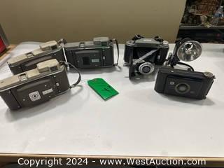 (5) Assorted Vintage Folding Cameras: Polaroid Land Camera, Kodak Jiffy And More