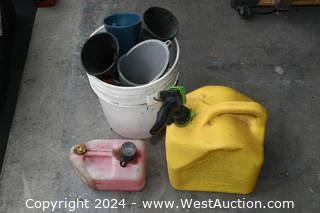 (2) Gas Containers and a Bucket with Funnels
