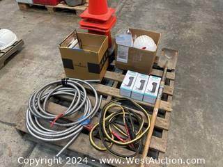 Pallet of Assorted Traffic Cones, Jumper Cables, Tool Hooks, and More 