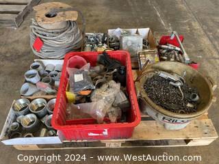 Pallet of Assorted Conduit Pipe Fittings and Electrical Tools